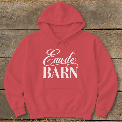 Red hoodie with white text reading "Eau de BARN".