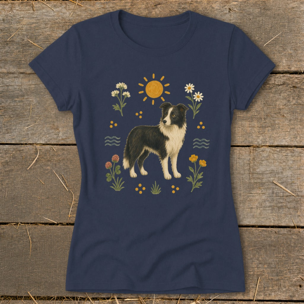 Navy t-shirt with a Border Collie dog surrounded by flowers, sun, and waves.