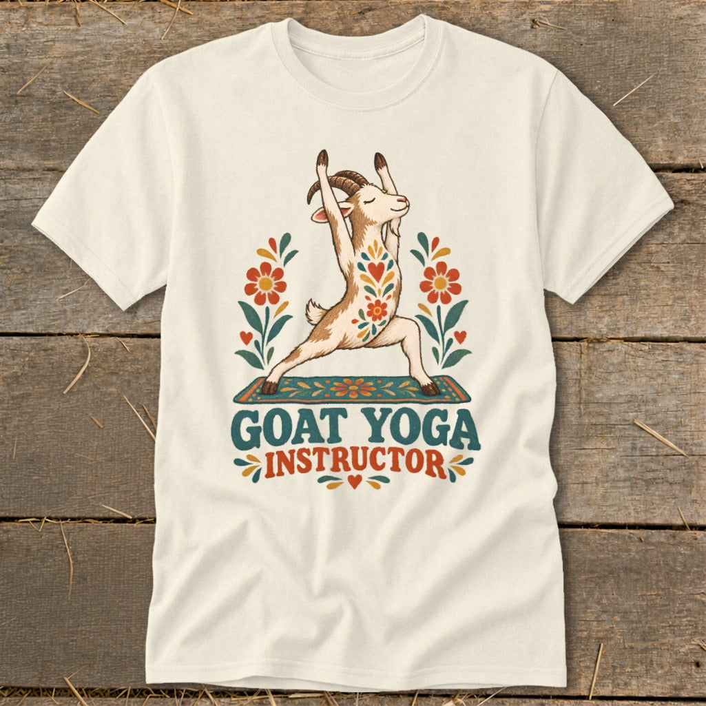 Goat in yoga pose on mat, surrounded by flowers, with text "GOAT YOGA INSTRUCTOR".