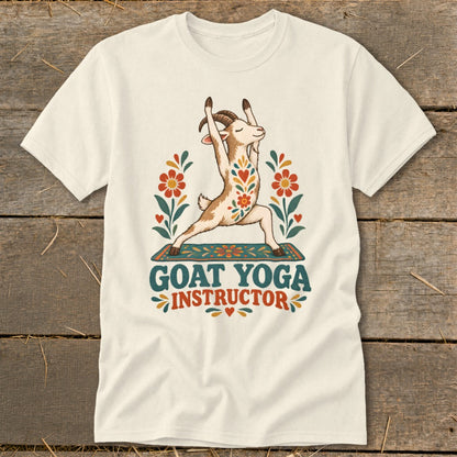 Goat in yoga pose on mat, surrounded by flowers, with text "GOAT YOGA INSTRUCTOR".