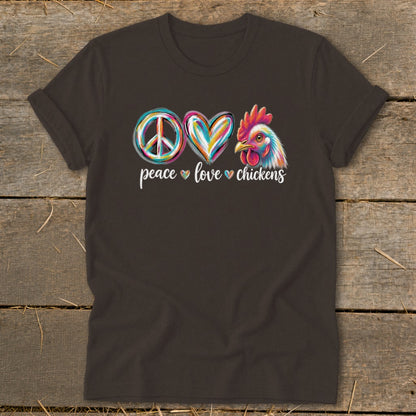 Dark t-shirt with peace, heart, and chicken graphic and text "peace love chickens."