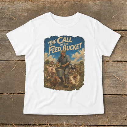 Farmer feeding animals with text "The Call of the Feed Bucket" on a t-shirt.
