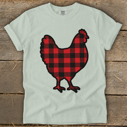 Light gray t-shirt with red and black buffalo plaid chicken graphic.
