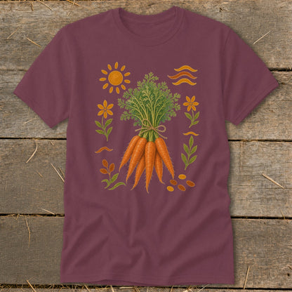 T-shirt with a graphic of a bunch of carrots surrounded by flowers, sun, and leaves.