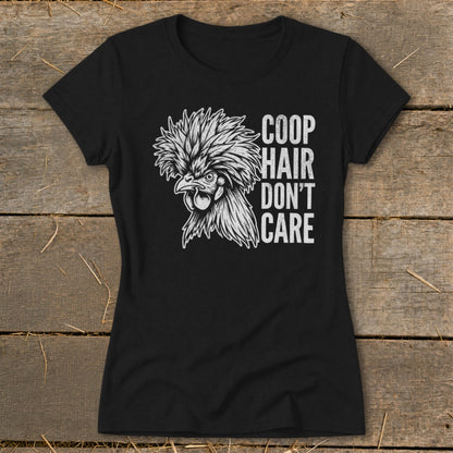 Black t-shirt with a Silkie chicken graphic and "Coop Hair Don't Care" text.