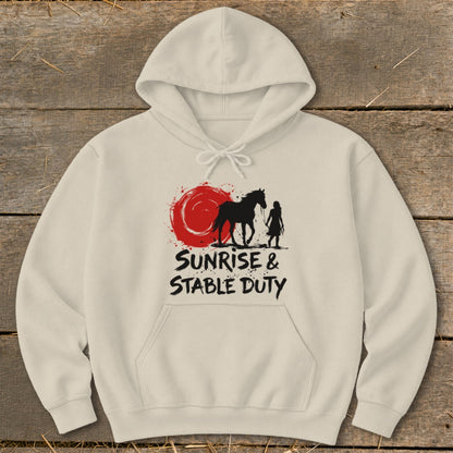 Cream hoodie with black graphic of horse, person, red sun, and text.