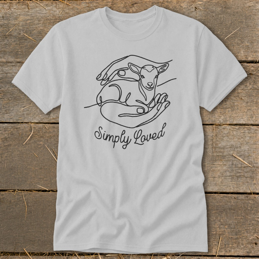 Line art of lamb in hands with "Simply Loved" text on grey t-shirt.