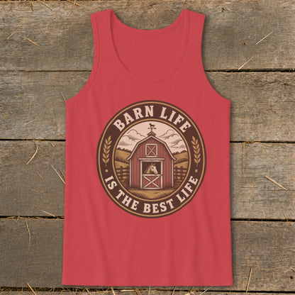 Tank top with a circular graphic featuring a barn, horse, and the text "Barn Life Is The Best Life."