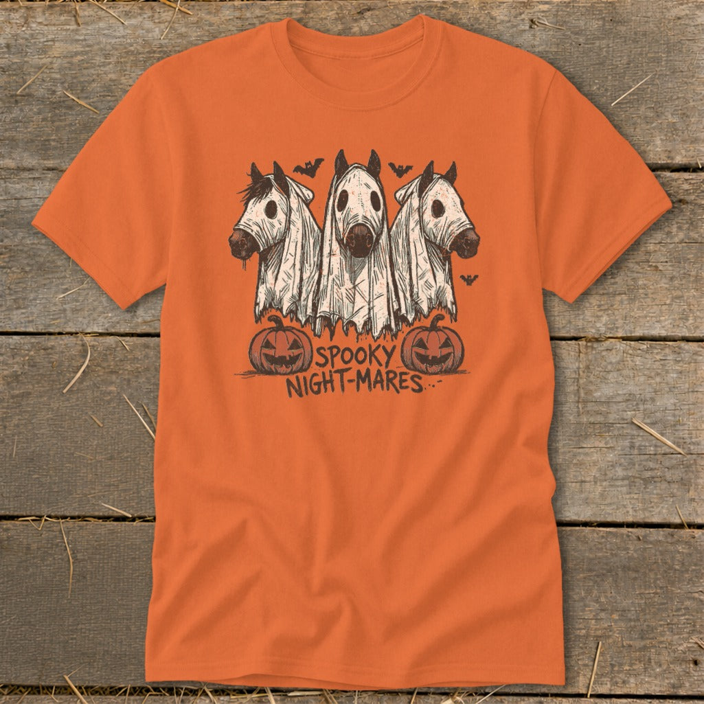 Orange t-shirt with three horses in ghost costumes and "Spooky Night-Mares" text.