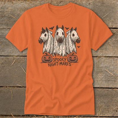 Orange t-shirt with three horses in ghost costumes and "Spooky Night-Mares" text.