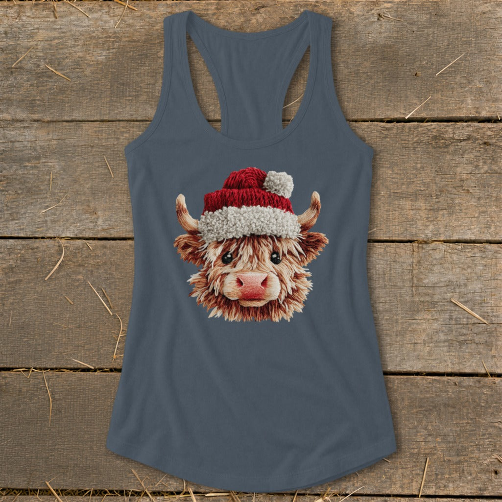 Highland cow with Santa hat graphic on a gray tank top.