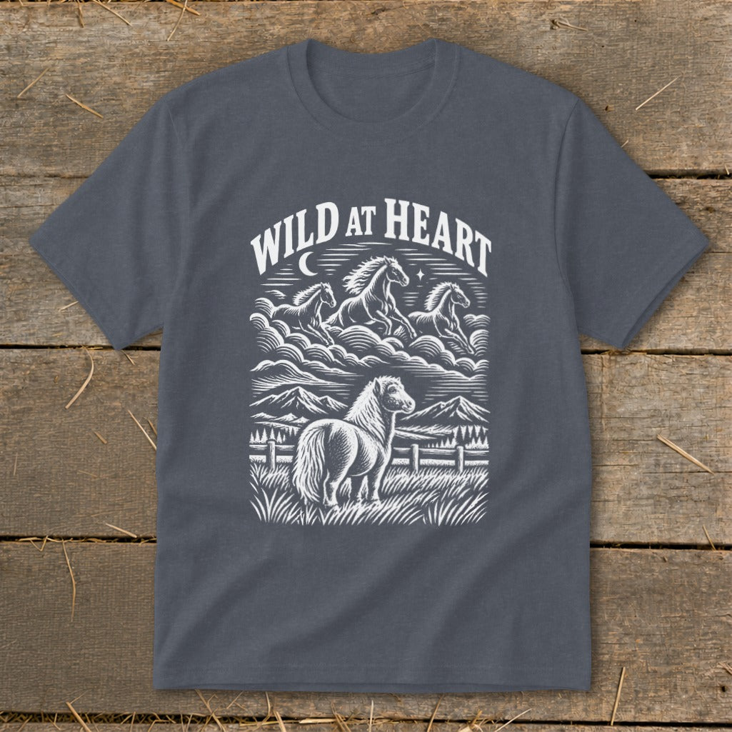 Dark gray t-shirt with "Wild at Heart" text and a herd of horses on a mountain landscape.