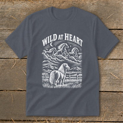 Dark gray t-shirt with "Wild at Heart" text and a herd of horses on a mountain landscape.