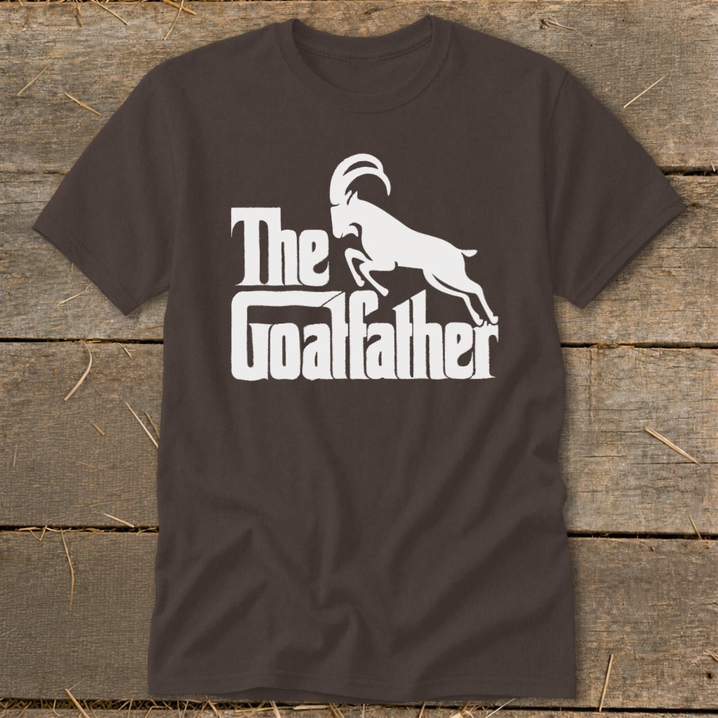 Brown t-shirt with white "The Goatfather" text and silhouette of a goat.
