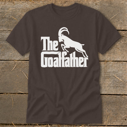 Brown t-shirt with white "The Goatfather" text and silhouette of a goat.