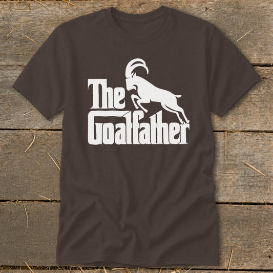 Brown t-shirt with white "The Goatfather" text and silhouette of a goat.