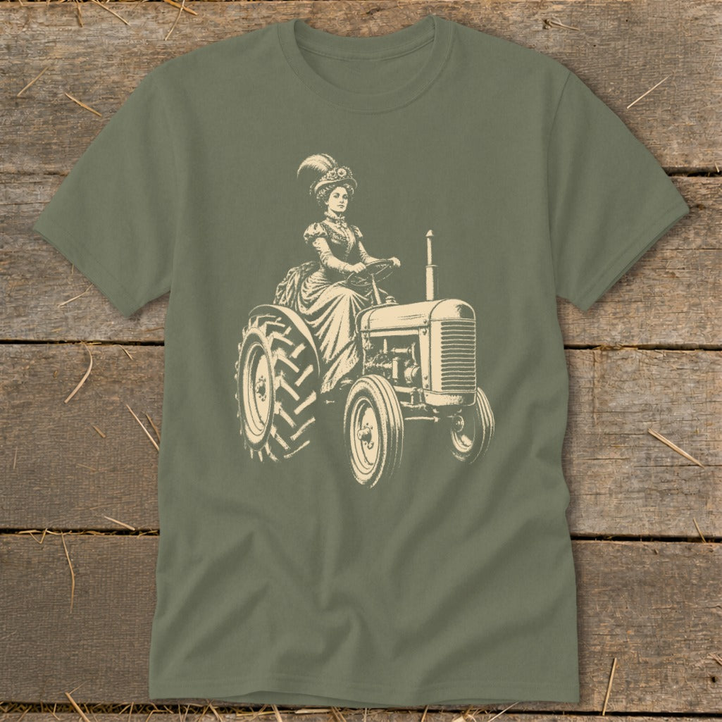 T-shirt with vintage illustration of woman in hat driving tractor.