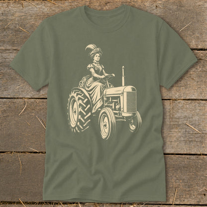 T-shirt with vintage illustration of woman in hat driving tractor.