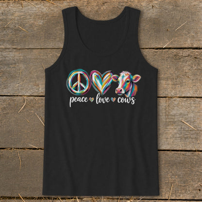 Black tank top with "Peace Love Cows" graphic and colorful cow.