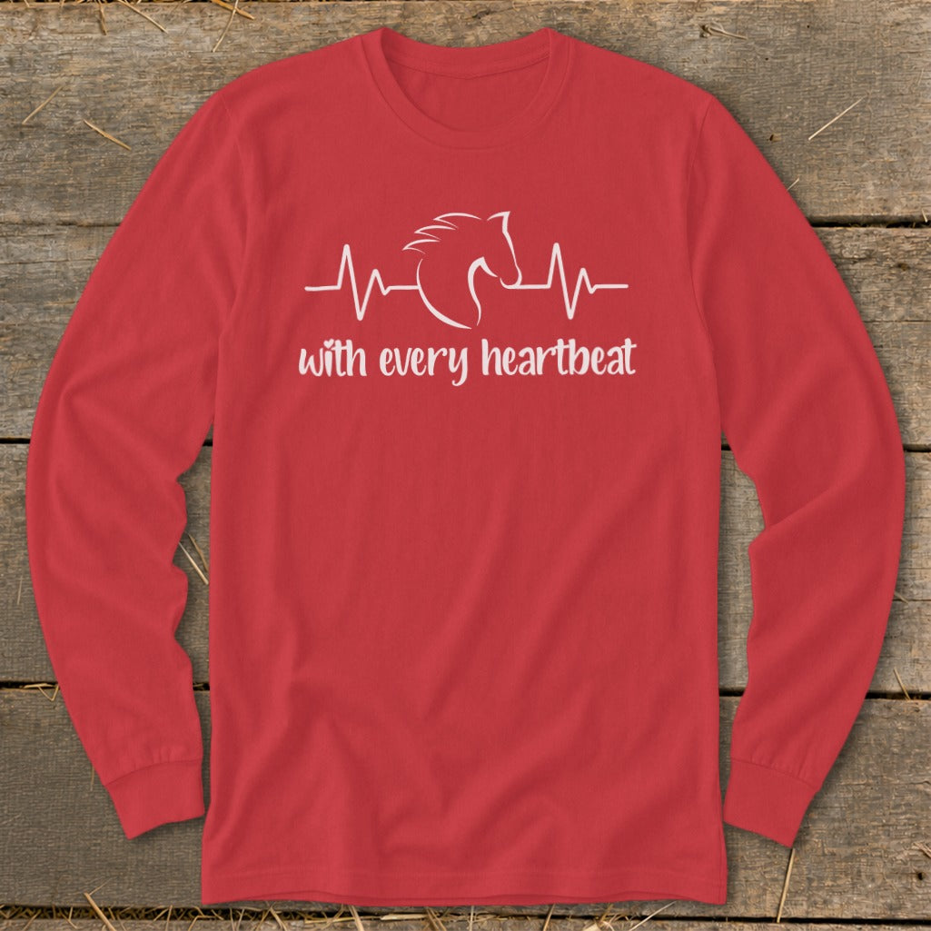 Red long-sleeve shirt with white horse head and heartbeat graphic and text.