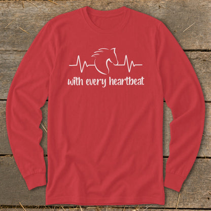 Red long-sleeve shirt with white horse head and heartbeat graphic and text.