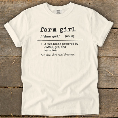 White t-shirt with "farm girl" definition and "dirt road dreamer" phrase.