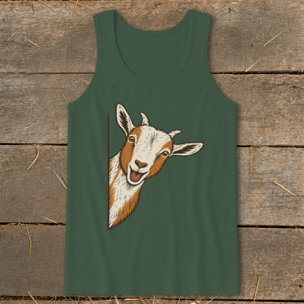 Green tank top with a peeking goat illustration and straw background.