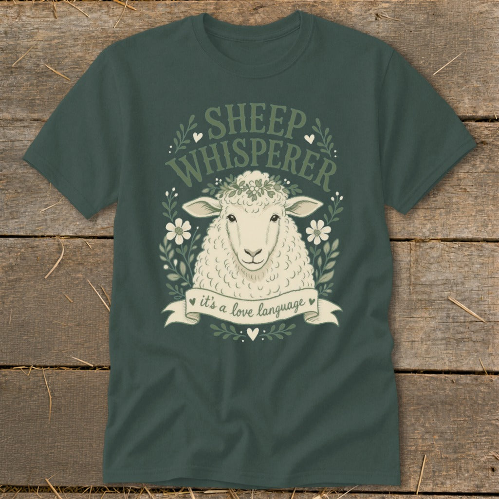 Dark green t-shirt with a sheep graphic and "Sheep Whisperer, it's a love language" text.