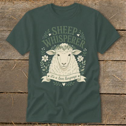 Dark green t-shirt with a sheep graphic and "Sheep Whisperer, it's a love language" text.