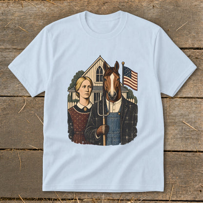 Light blue t-shirt featuring a parody of American Gothic with a horse holding a pitchfork.
