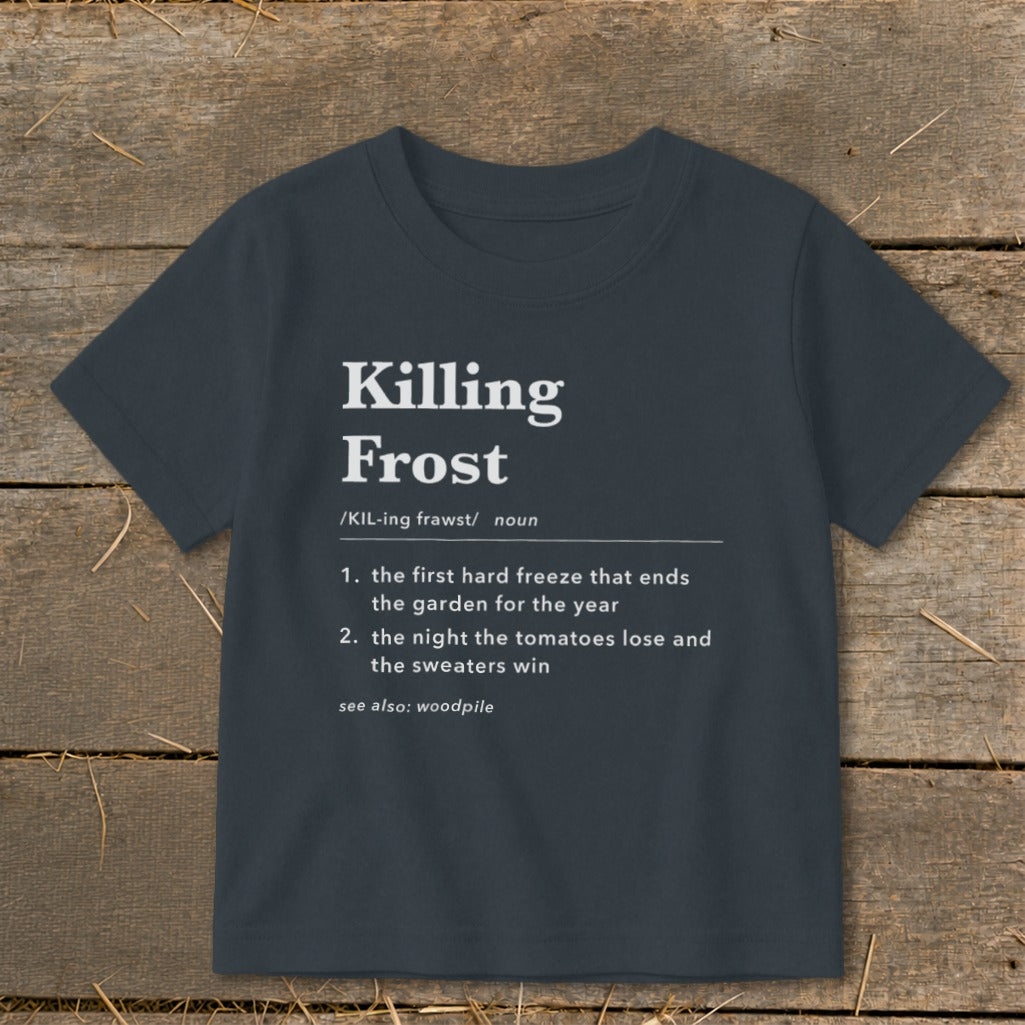Dark grey t-shirt featuring dictionary-style definitions for the term Killing Frost printed in white.