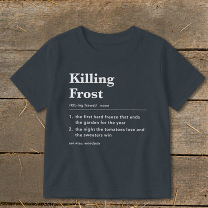 Dark grey t-shirt featuring dictionary-style definitions for the term Killing Frost printed in white.