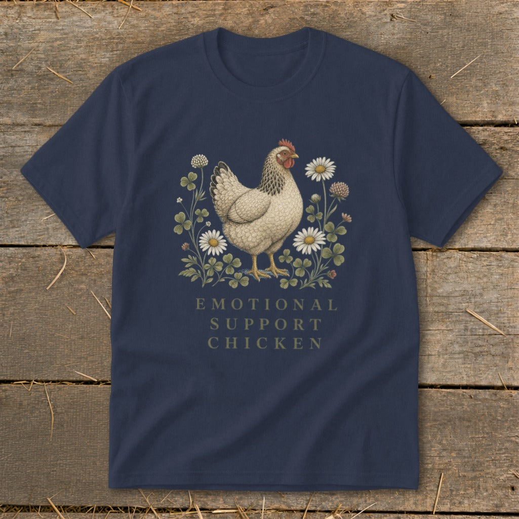 Navy t-shirt with a chicken illustration and the text "EMOTIONAL SUPPORT CHICKEN".
