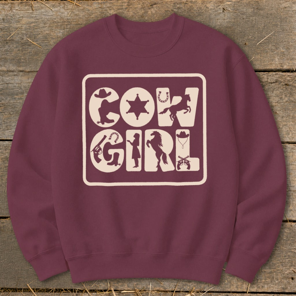 Maroon sweatshirt with "Cow Girl" text and western-themed icons.