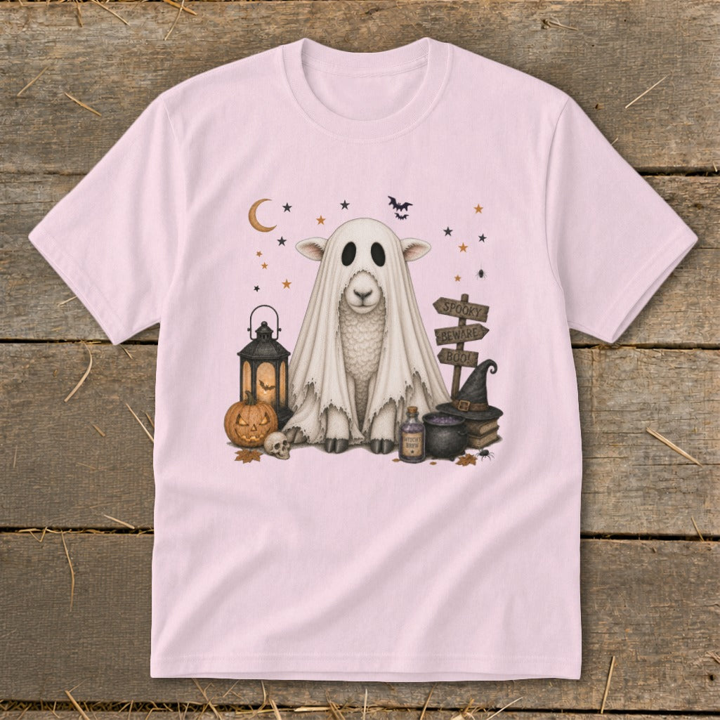Sheep ghost with Halloween decorations, including a pumpkin, lantern, and signs.