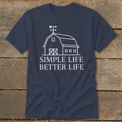 Navy t-shirt with white line art of a barn and text "SIMPLE LIFE BETTER LIFE".