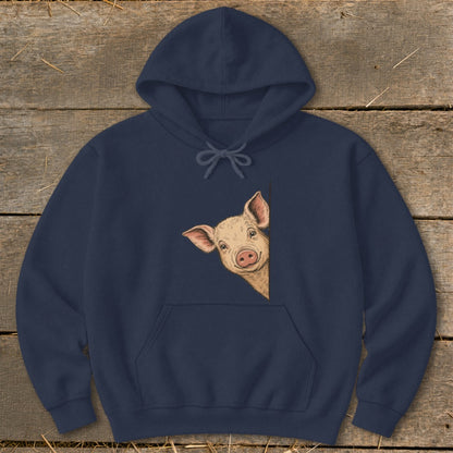 Navy hoodie with a peeking pig graphic on the front.