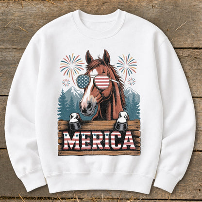 Horse wearing American flag sunglasses, fireworks, and "MERICA" text.