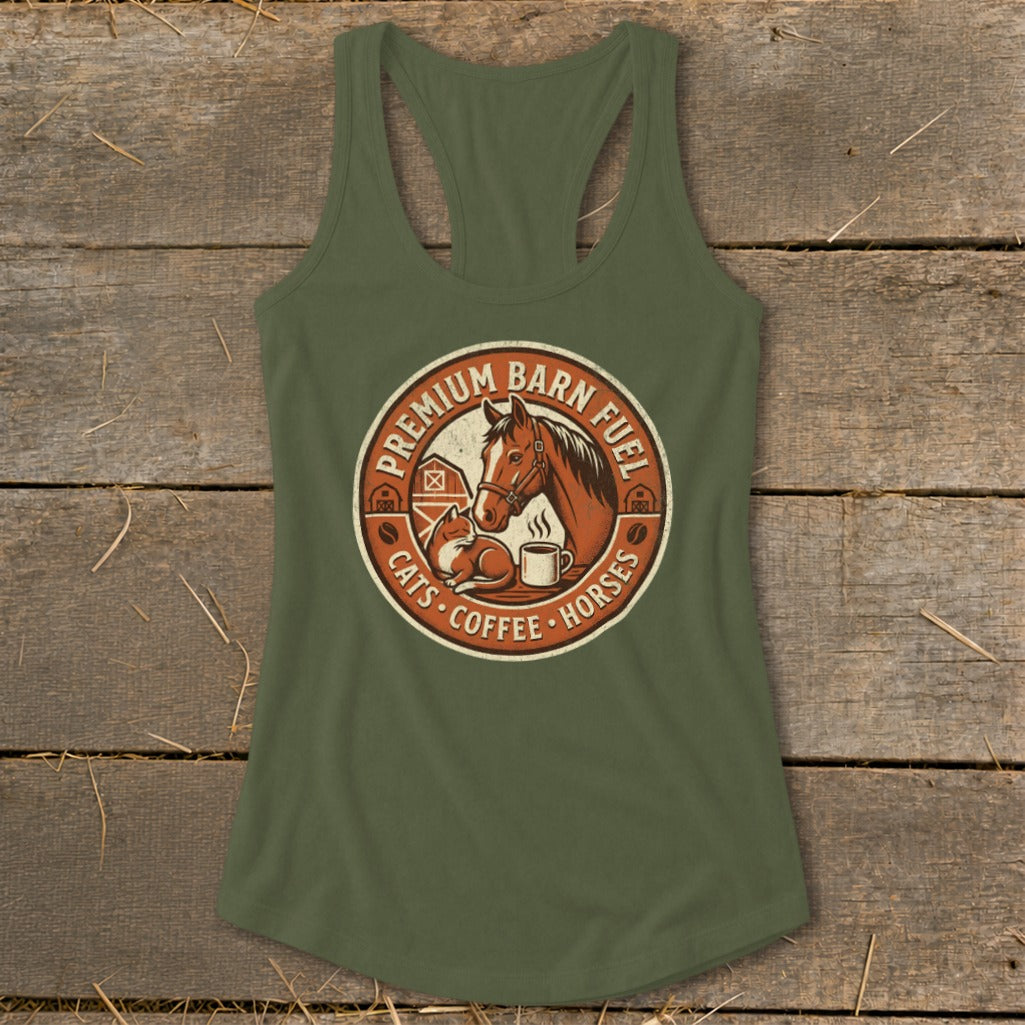 Green tank top with circular graphic of horse, cat, and coffee cup. Text reads "Premium Barn Fuel Cats Coffee Horses".