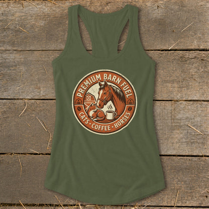 Green tank top with circular graphic of horse, cat, and coffee cup. Text reads "Premium Barn Fuel Cats Coffee Horses".