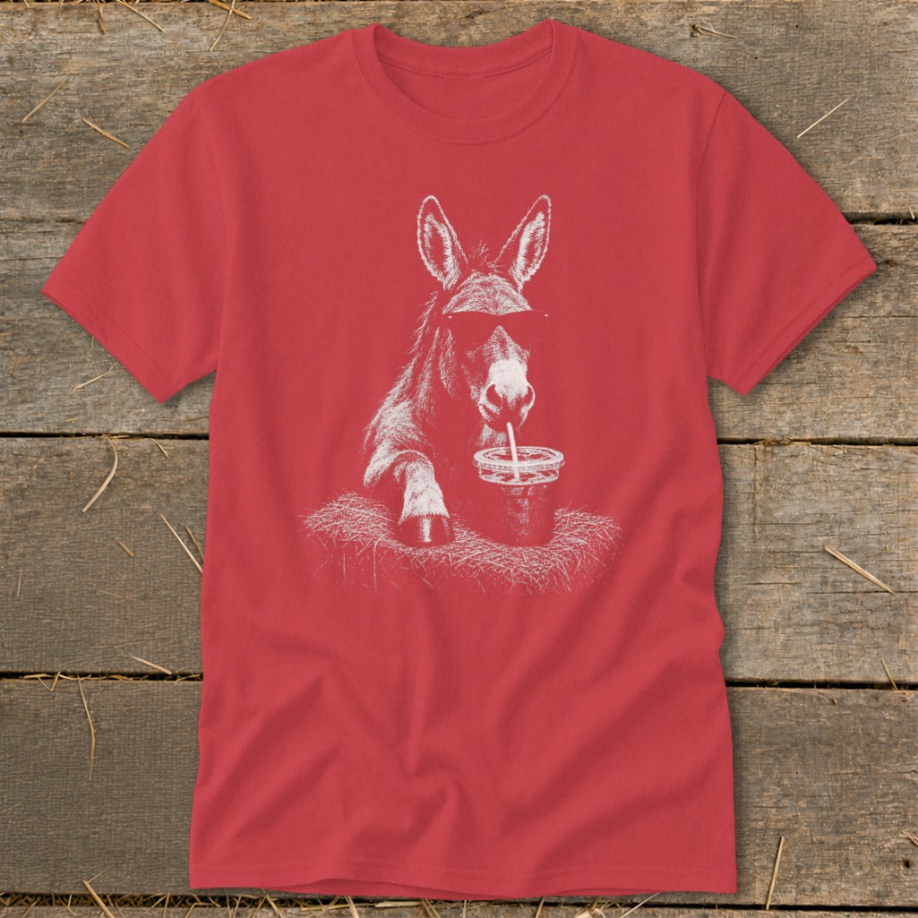 Donkey wearing sunglasses and drinking from a cup with a straw on a t-shirt.