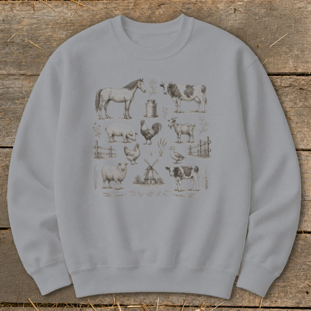Grey sweatshirt with a vintage illustration of farm animals including a horse, cow, pig, chicken, and sheep.