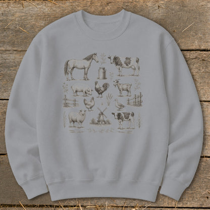 Grey sweatshirt with a vintage illustration of farm animals including a horse, cow, pig, chicken, and sheep.