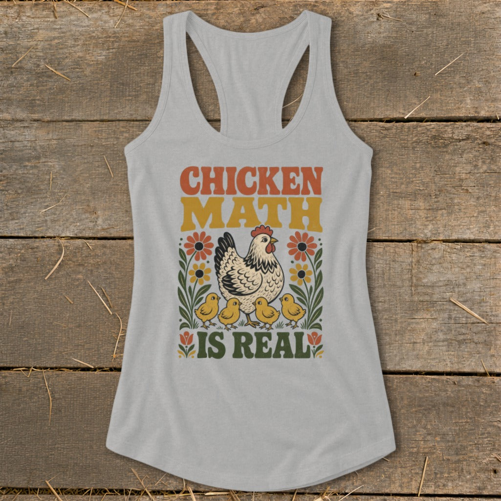 Light gray tank top with "CHICKEN MATH IS REAL" text and chicken family graphic.