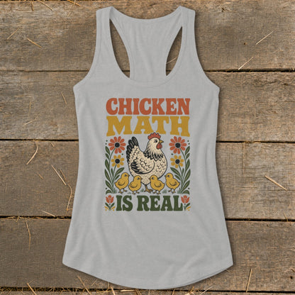 Light gray tank top with "CHICKEN MATH IS REAL" text and chicken family graphic.