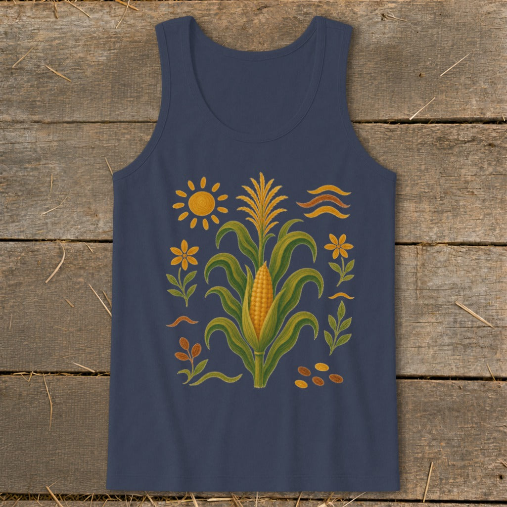 Navy tank top with a corn stalk, sun, flowers, and wavy lines.