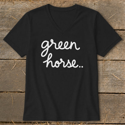 Black v-neck t-shirt with white script text reading "green horse..".