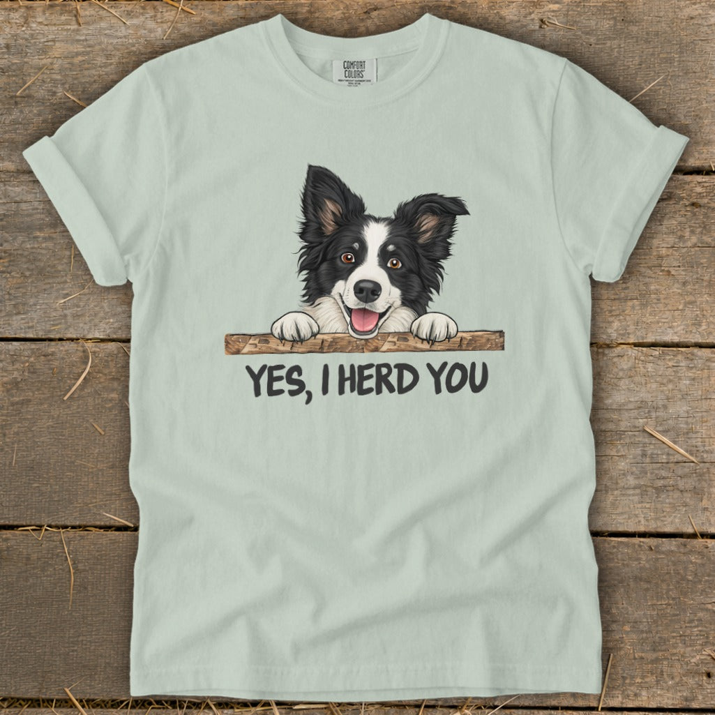 Light blue t-shirt with black and white dog graphic and "YES, I HERD YOU" text.