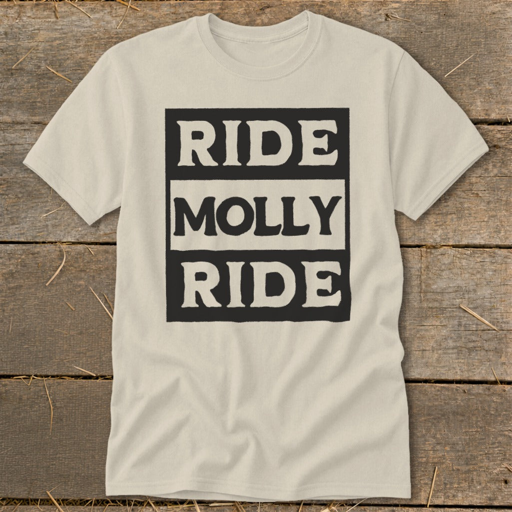 A cream crewneck t-shirt featuring a black and white graphic with the text "RIDE MOLLY RIDE".