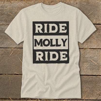 A cream crewneck t-shirt featuring a black and white graphic with the text "RIDE MOLLY RIDE".